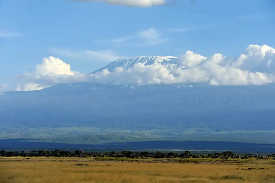 Snow-capped Mount Kilimanjaro above savannah plains.