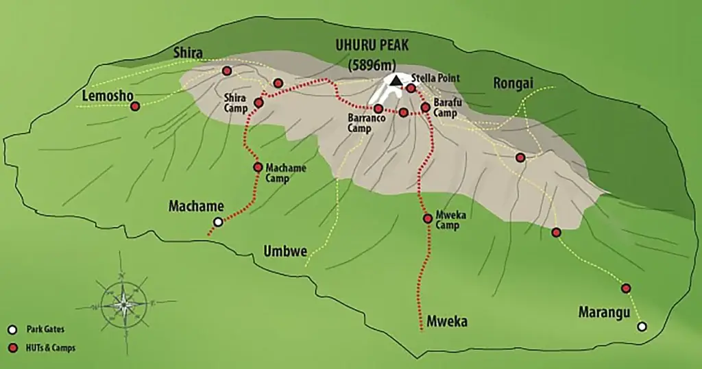 Map showing Kilimanjaro routes and Uhuru Peak elevation highlighting the Machme route and using the Mweka route to return.