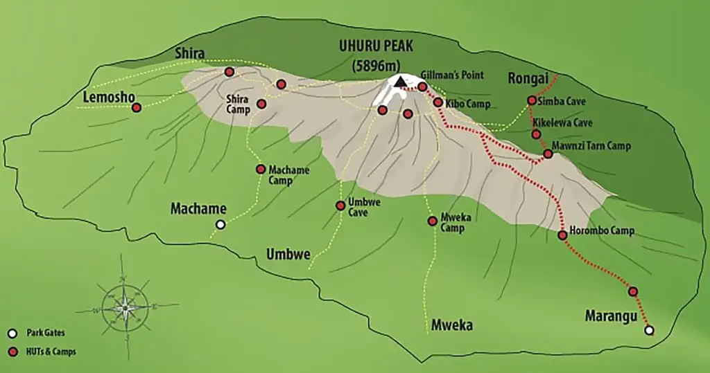 Map of Mount Kilimanjaro with climbing routes and camps highlighting theRongai route