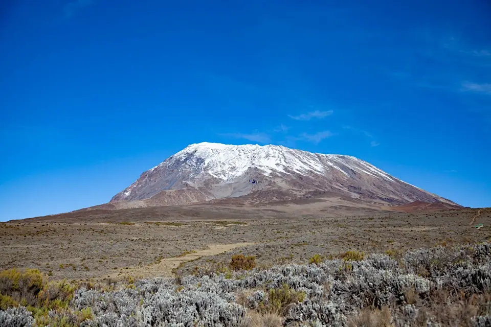 Snow-capped Mount Kilimanjaro with clear blue sky